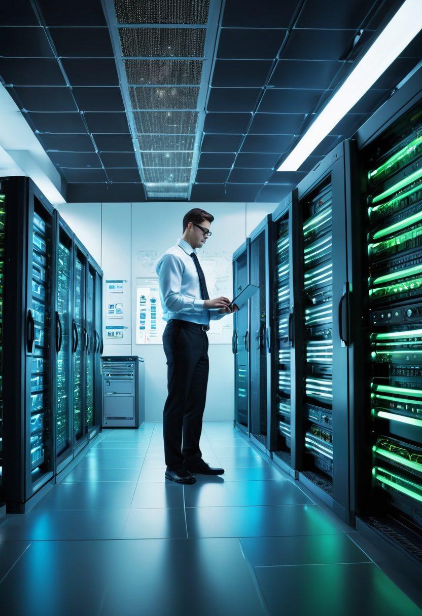 A visually engaging illustration of a modern server room filled with sleek, high-tech servers and storage units. Include elements like network cables, glowing indicators, and a person analyzing data on a laptop, symbolizing mastery in server management. Add charts and graphs in the background to represent optimization strategies. The color palette should feature cool blues and greens to convey technology and efficiency. 3D. vibrant colors.