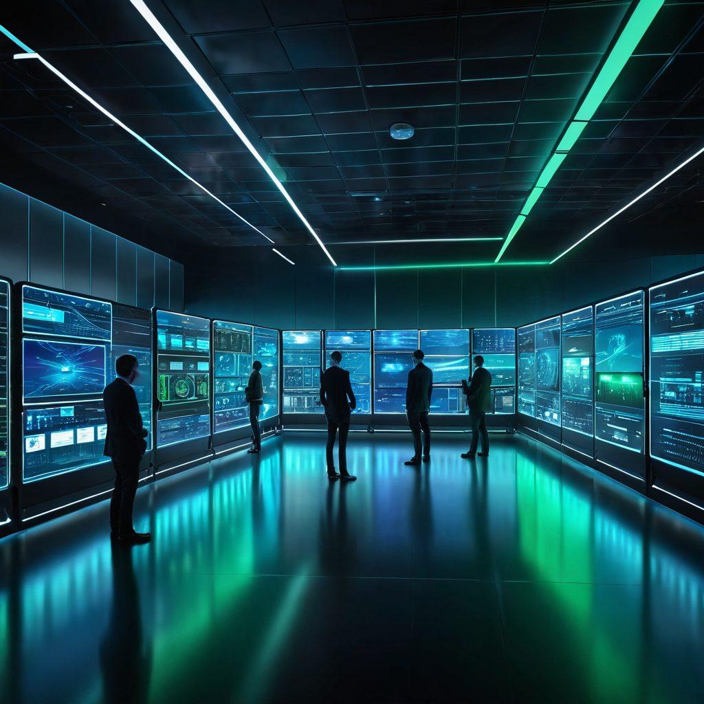A futuristic data center filled with sleek, cutting-edge servers and glowing digital interfaces. Engineers collaborating around holographic displays showcasing innovative IT solutions. Bright ambient lighting with blue and green hues highlighting efficiency and modernity. High-tech elements like AI drones monitoring the space. super-realistic. vibrant colors. 3D.