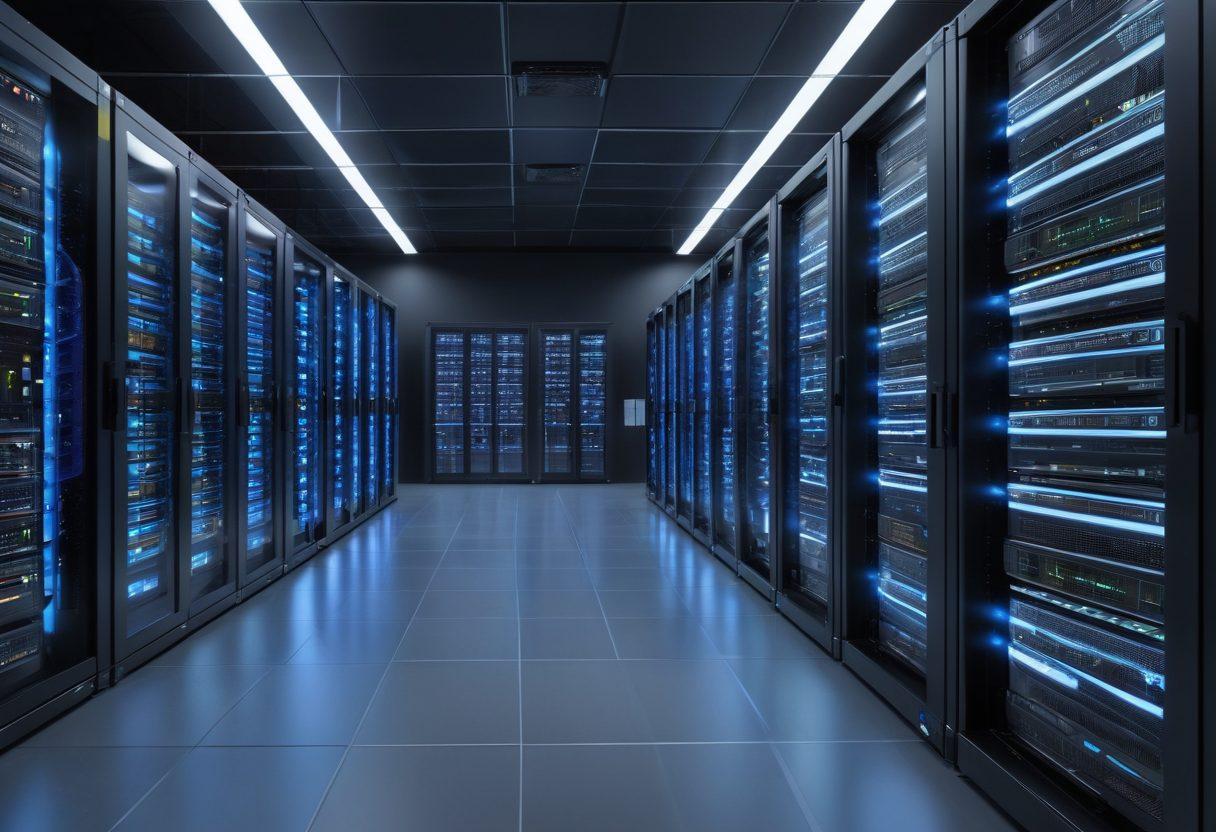 A sleek, modern data center interior showcasing organized rack systems filled with high-tech server equipment. Emphasize bright LED lights illuminating the racks, with a professional IT technician optimizing the setup. Include digital graphs and data visualizations above the racks to represent data flow and efficiency. The scene should inspire a sense of innovation and productivity. super-realistic. vibrant colors. 3D.